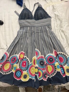 Striped Navy Sundress with Crocheted Bust and Floral Hem